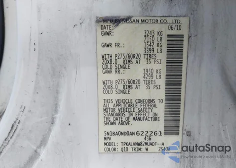 2010 Nissan Armada Titanium z USA, uszkodzony, nr VIN 5N1BA0ND0AN622261